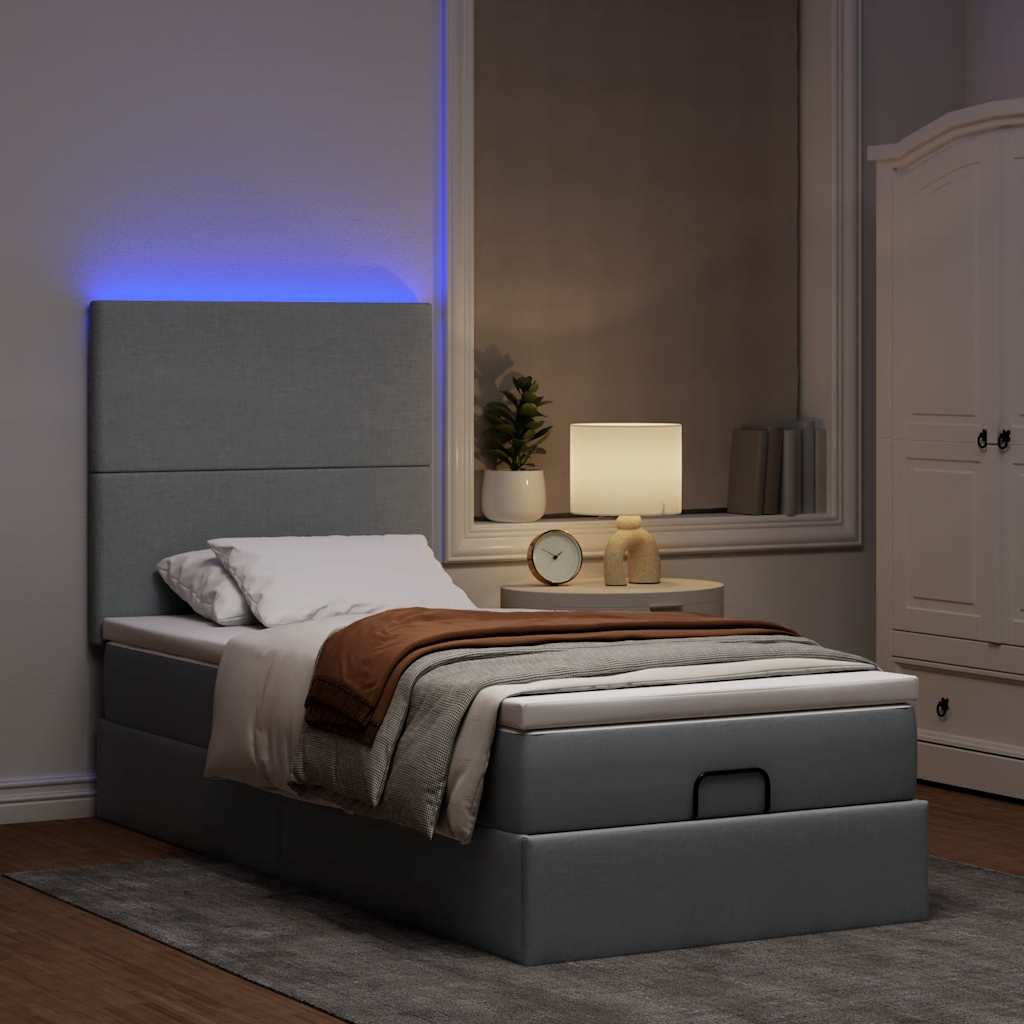 Cama otomana com colchão & leds 80x200cm tecido cinza-claro
