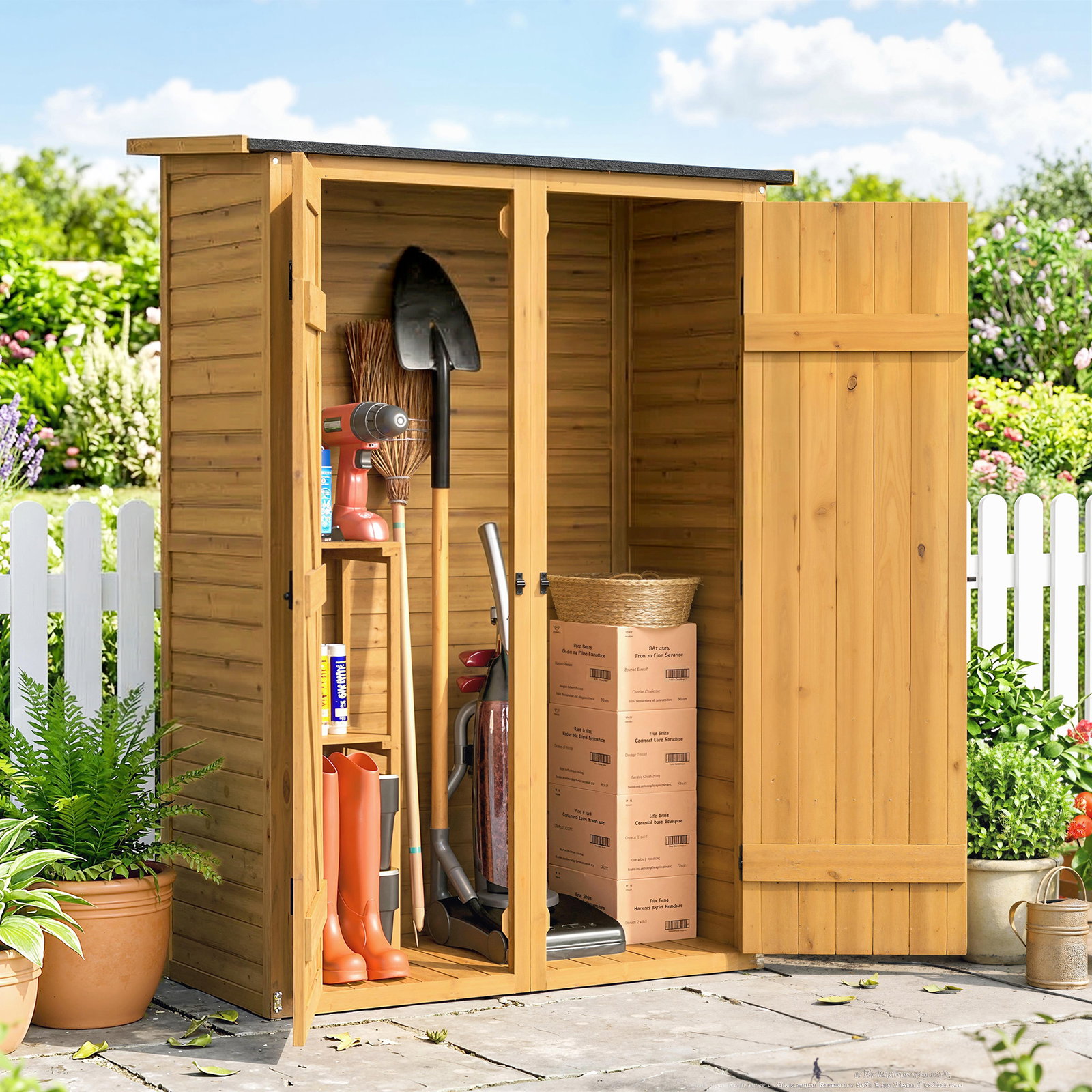 Abrigo de jardim de madeira 115x53x156 cm armário exterior para ferramentas com portas duplas castanho