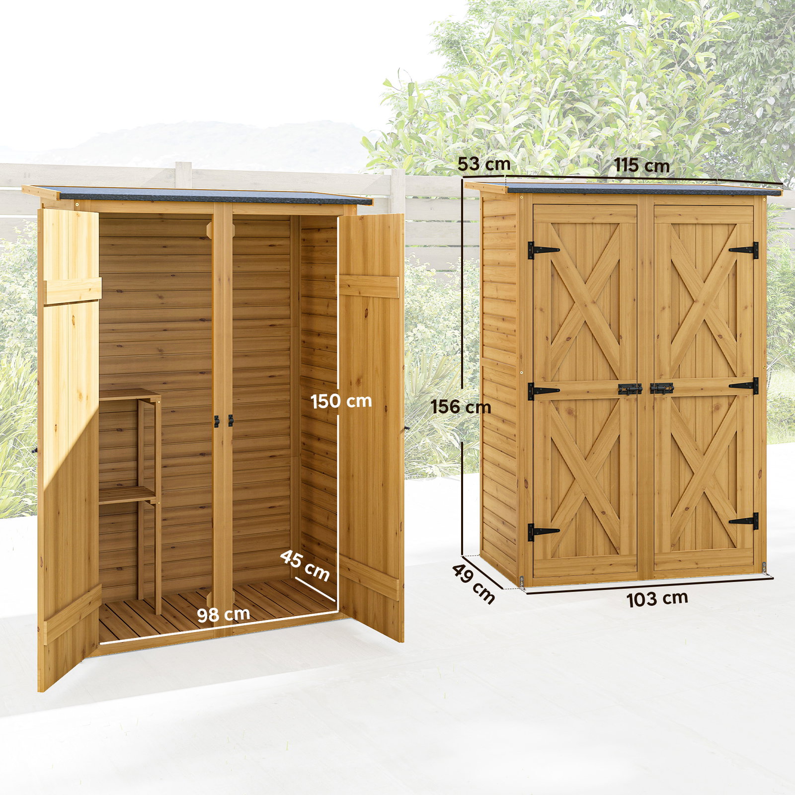 Abrigo de jardim de madeira 115x53x156 cm armário exterior para ferramentas com portas duplas castanho