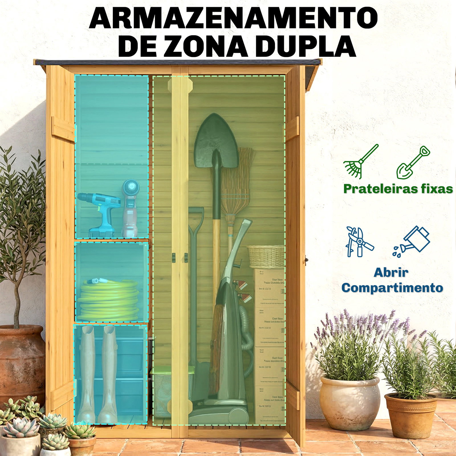 Abrigo de jardim de madeira 115x53x156 cm armário exterior para ferramentas com portas duplas castanho