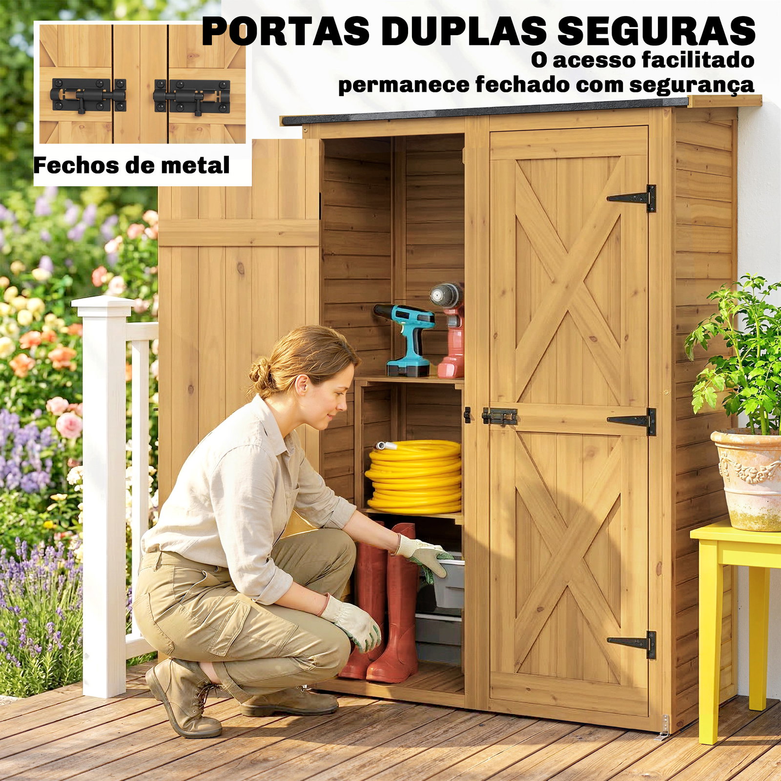 Abrigo de jardim de madeira 115x53x156 cm armário exterior para ferramentas com portas duplas castanho