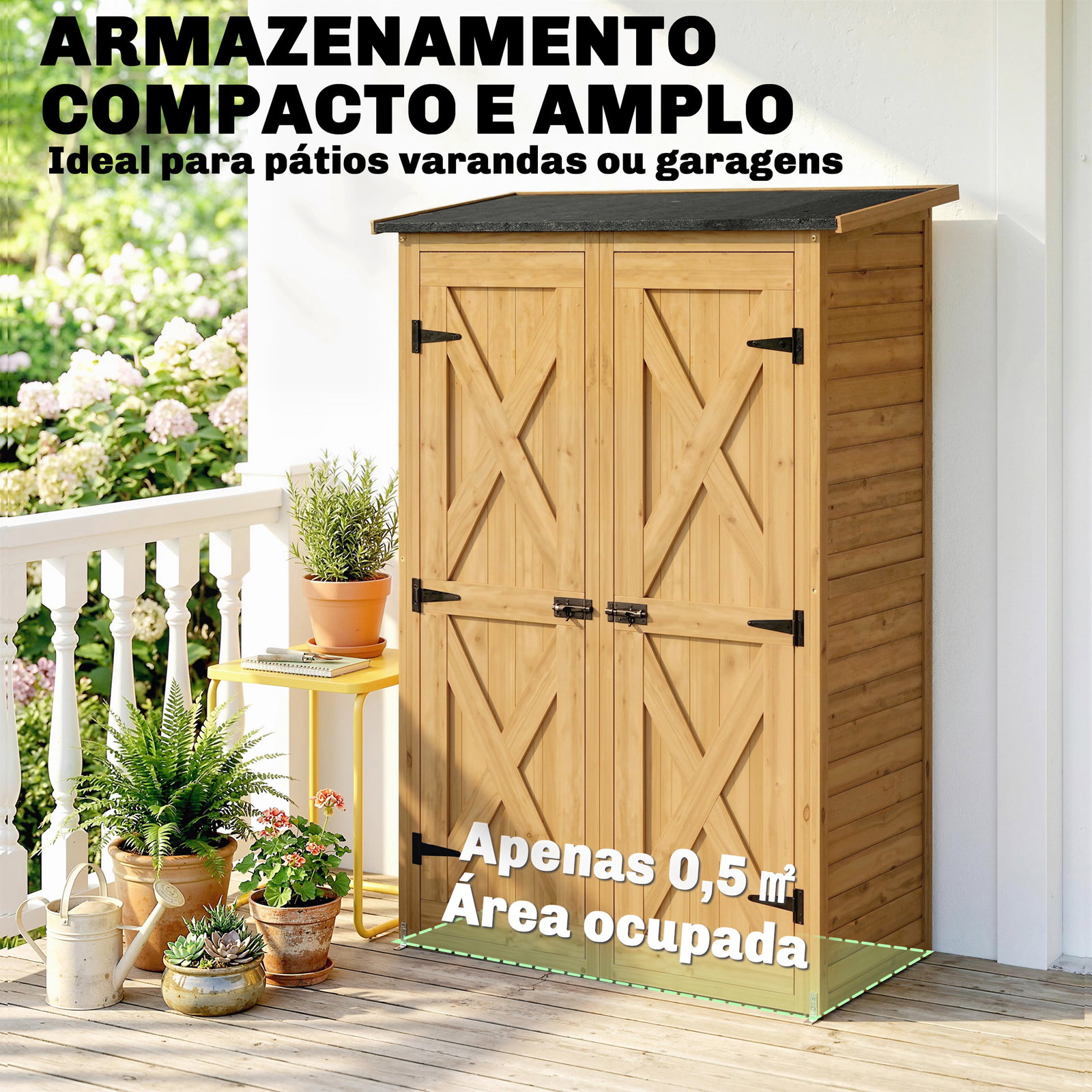 Abrigo de jardim de madeira 115x53x156 cm armário exterior para ferramentas com portas duplas castanho