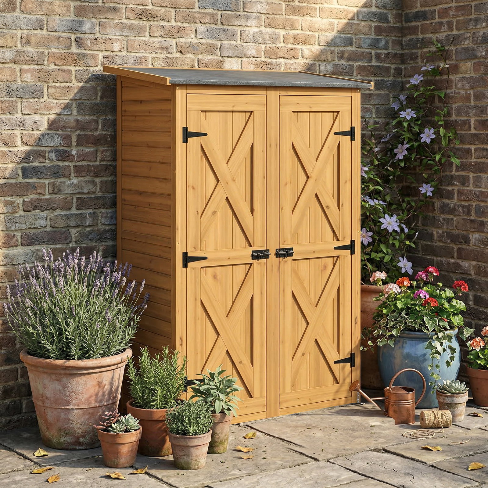 Abrigo de jardim de madeira 115x53x156 cm armário exterior para ferramentas com portas duplas castanho