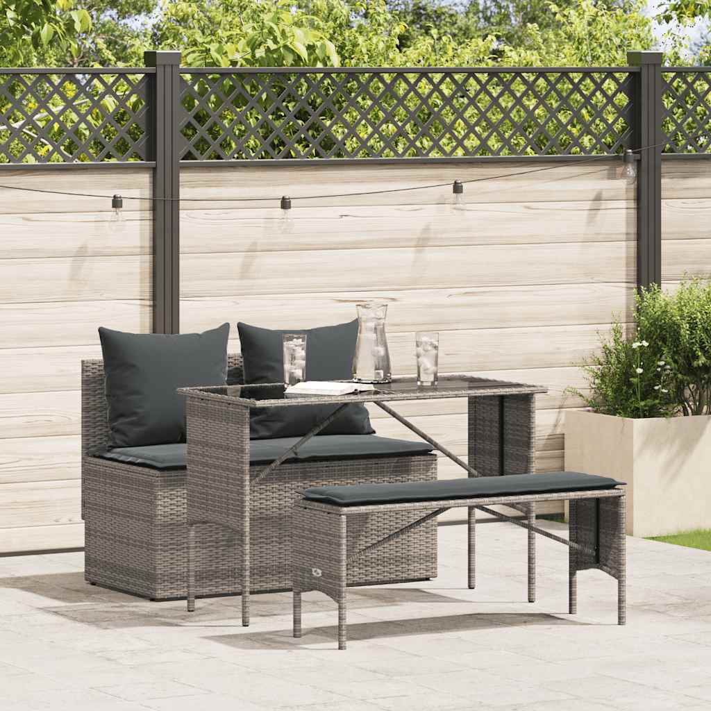 3 Pcs conjunto de jantar p/ jardim c/ almofadões vime PE cinza