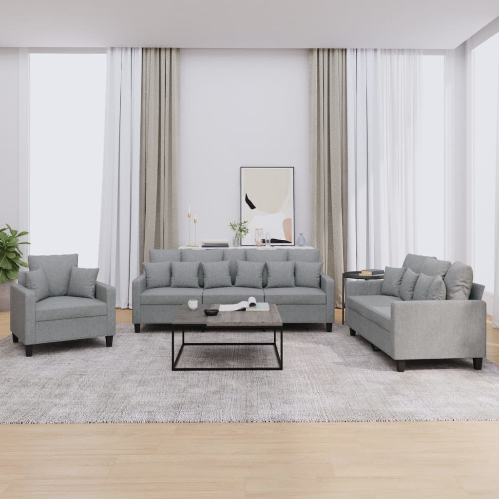3 Pcs conjunto de sofás com almofadas tecido cinzento-claro