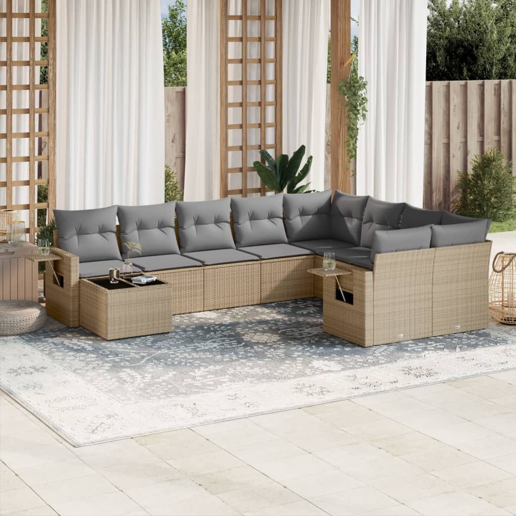 10 Pcs conjunto de sofás p/ jardim com almofadões vime PE bege