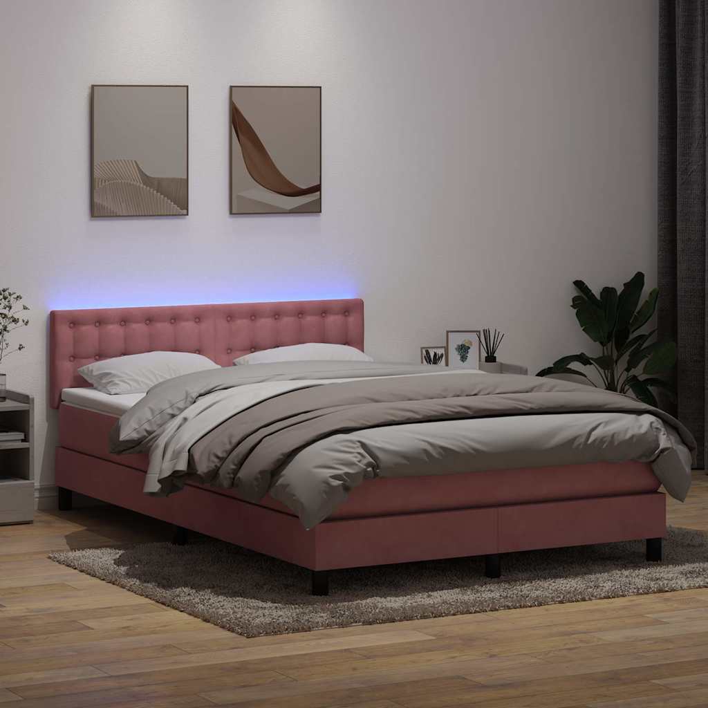 Cama box spring c/ colchão e LED 140x220 cm veludo rosa