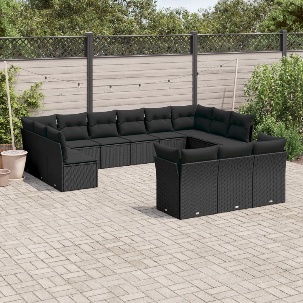 13 Pcs conjunto de sofás de jardim com almofadões vime PE preto