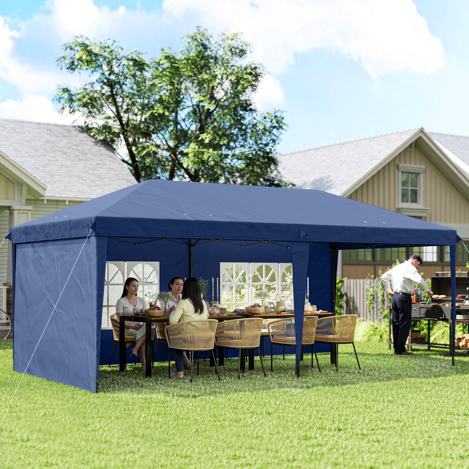 Tenda dobrável 6x3 m pop-up com 4 laterais desmontáveis tenda de jardim com 2 janelas visíveis saco de transporte azul
