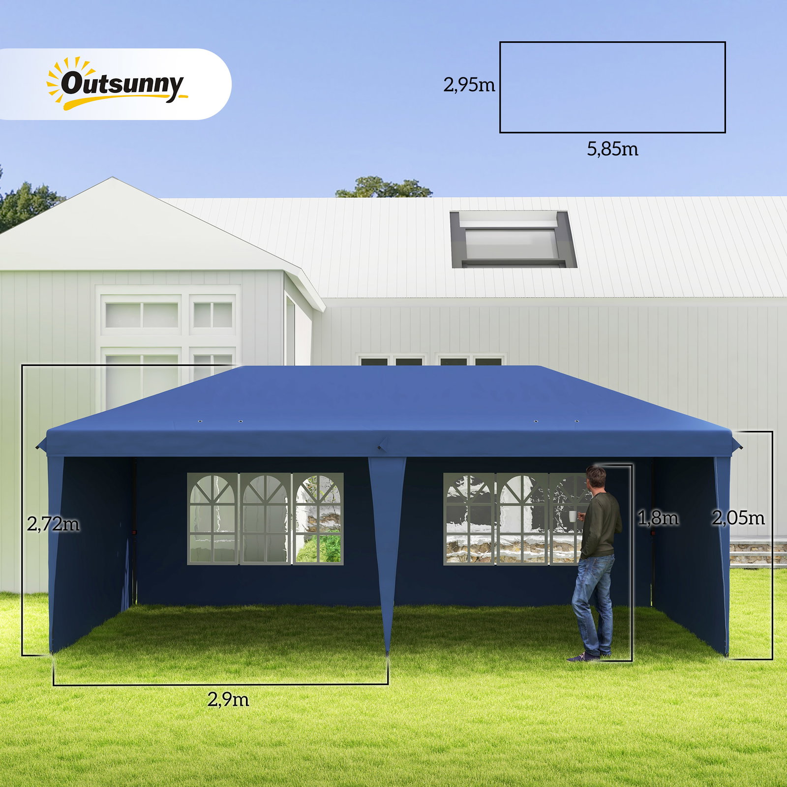 Tenda dobrável 6x3 m pop-up com 4 laterais desmontáveis tenda de jardim com 2 janelas visíveis saco de transporte azul