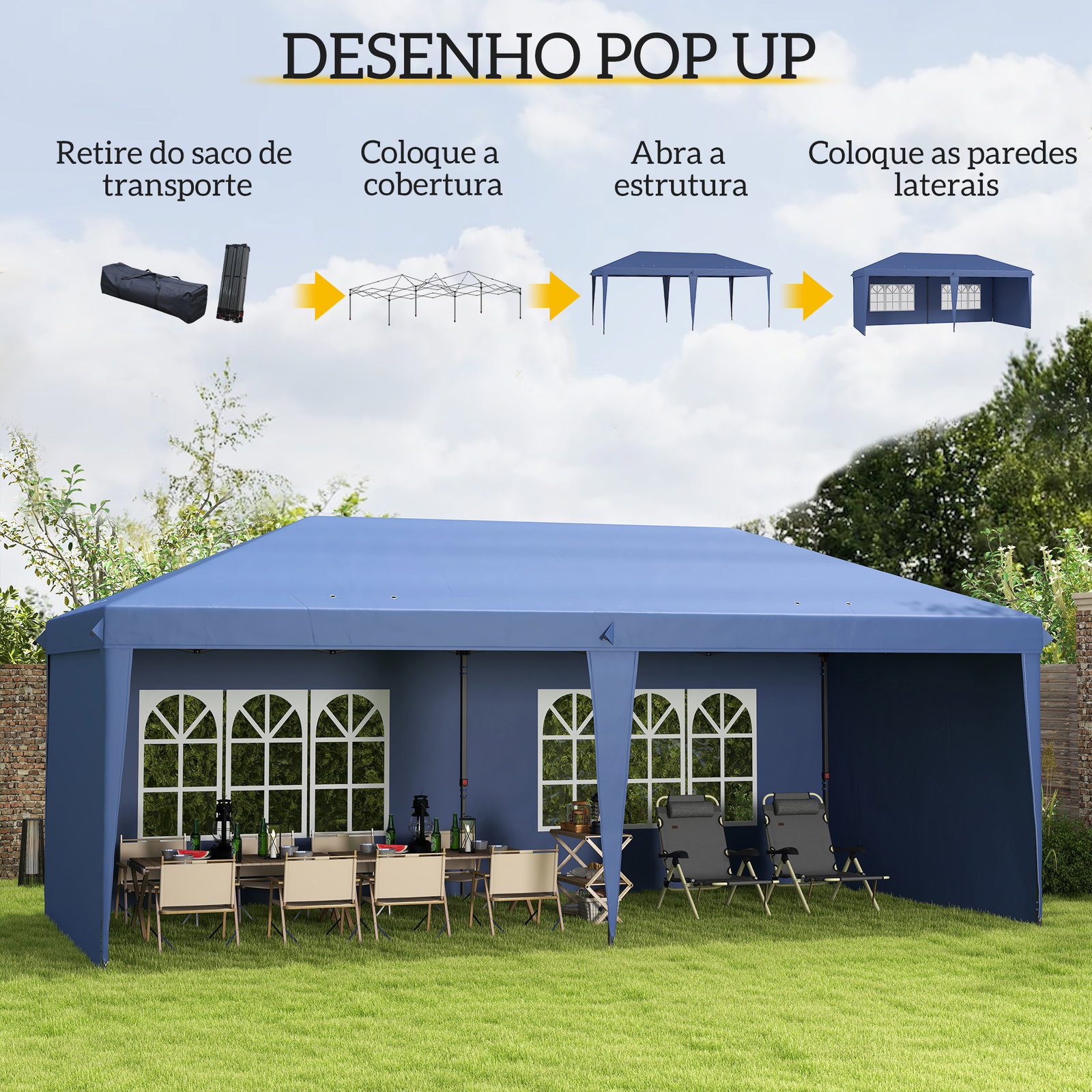 Tenda dobrável 6x3 m pop-up com 4 laterais desmontáveis tenda de jardim com 2 janelas visíveis saco de transporte azul