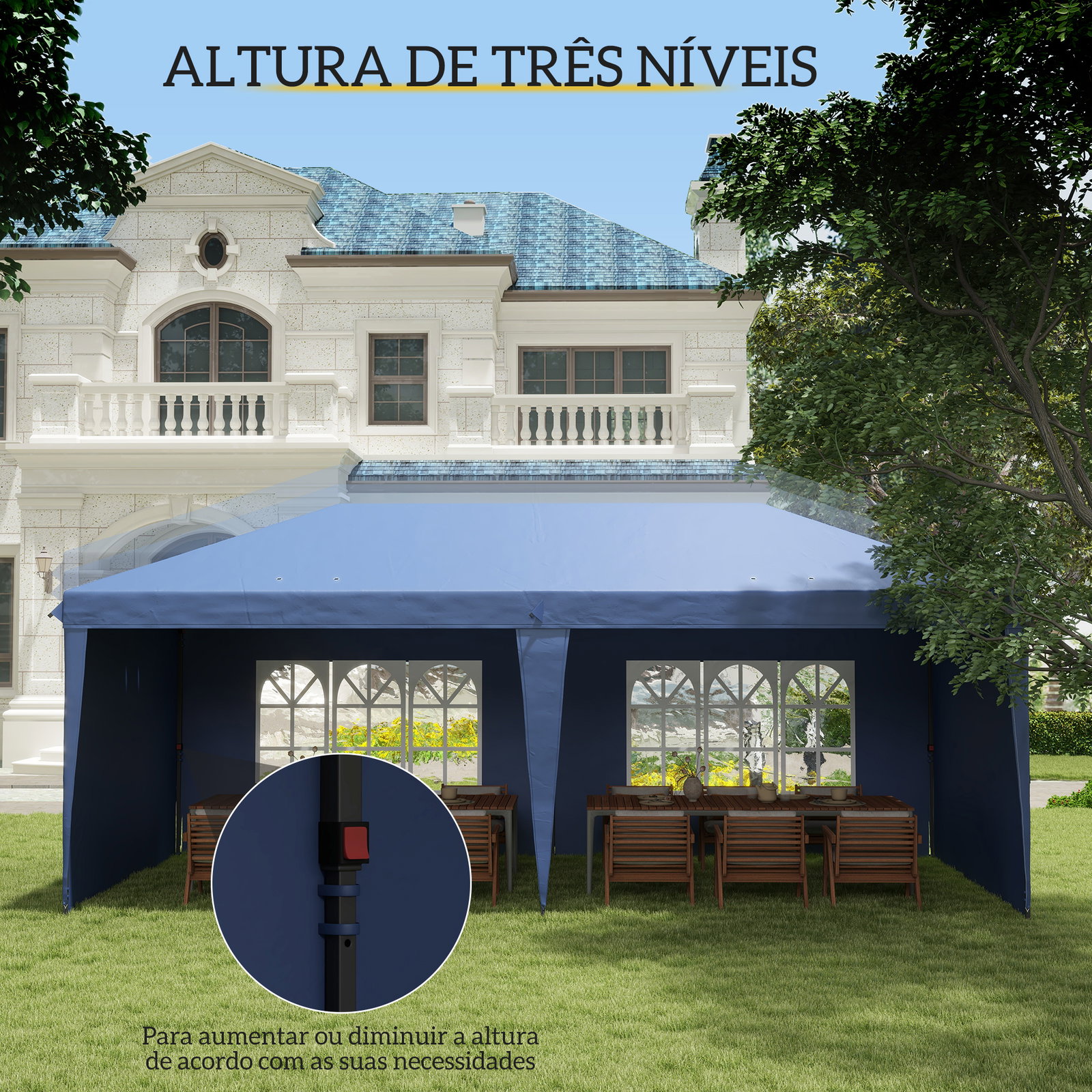 Tenda dobrável 6x3 m pop-up com 4 laterais desmontáveis tenda de jardim com 2 janelas visíveis saco de transporte azul