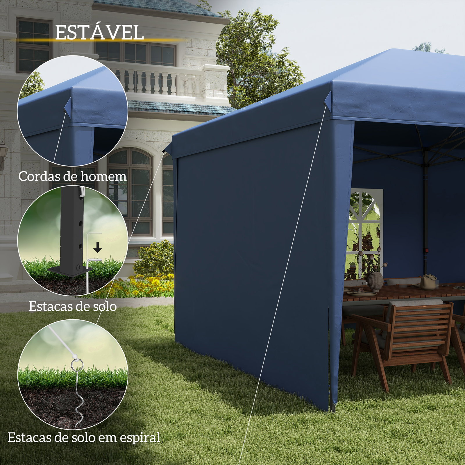 Tenda dobrável 6x3 m pop-up com 4 laterais desmontáveis tenda de jardim com 2 janelas visíveis saco de transporte azul