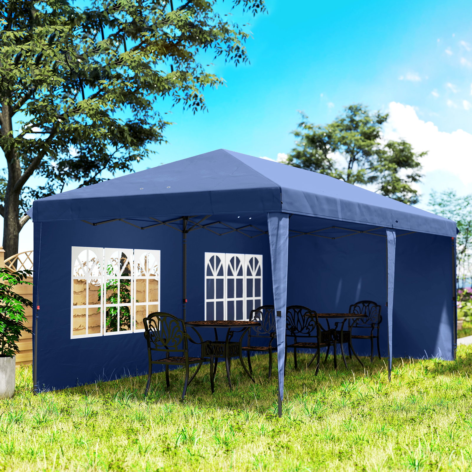 Tenda dobrável 6x3 m pop-up com 4 laterais desmontáveis tenda de jardim com 2 janelas visíveis saco de transporte azul