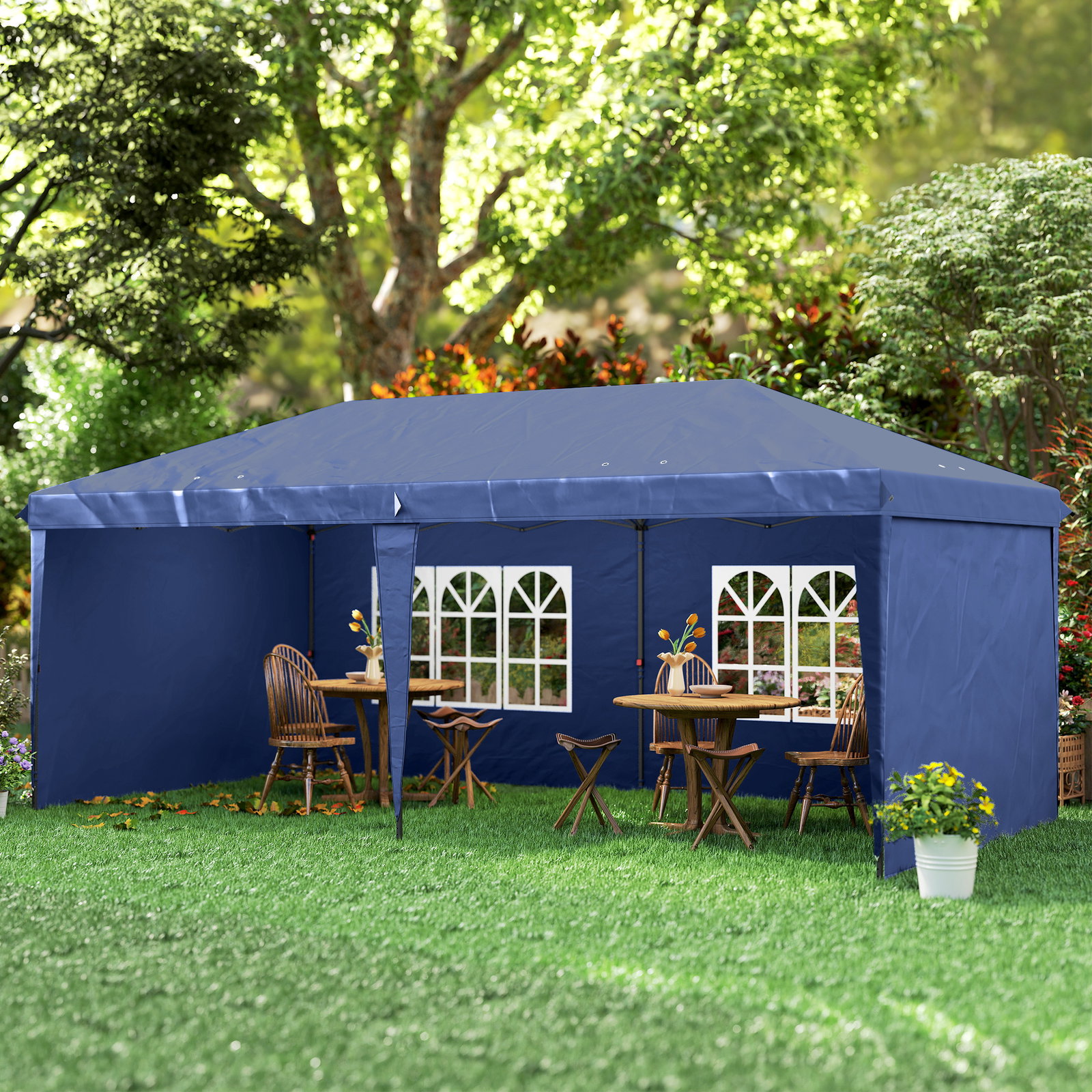 Tenda dobrável 6x3 m pop-up com 4 laterais desmontáveis tenda de jardim com 2 janelas visíveis saco de transporte azul