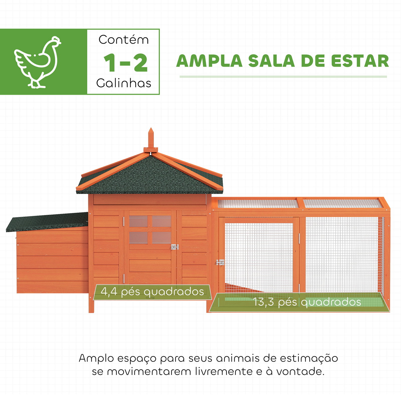 Galinheiro de madeira para exterior gaiola para galinhas com ninhos cercado bandeja removível teto abatível 196x76x97 cm madeira