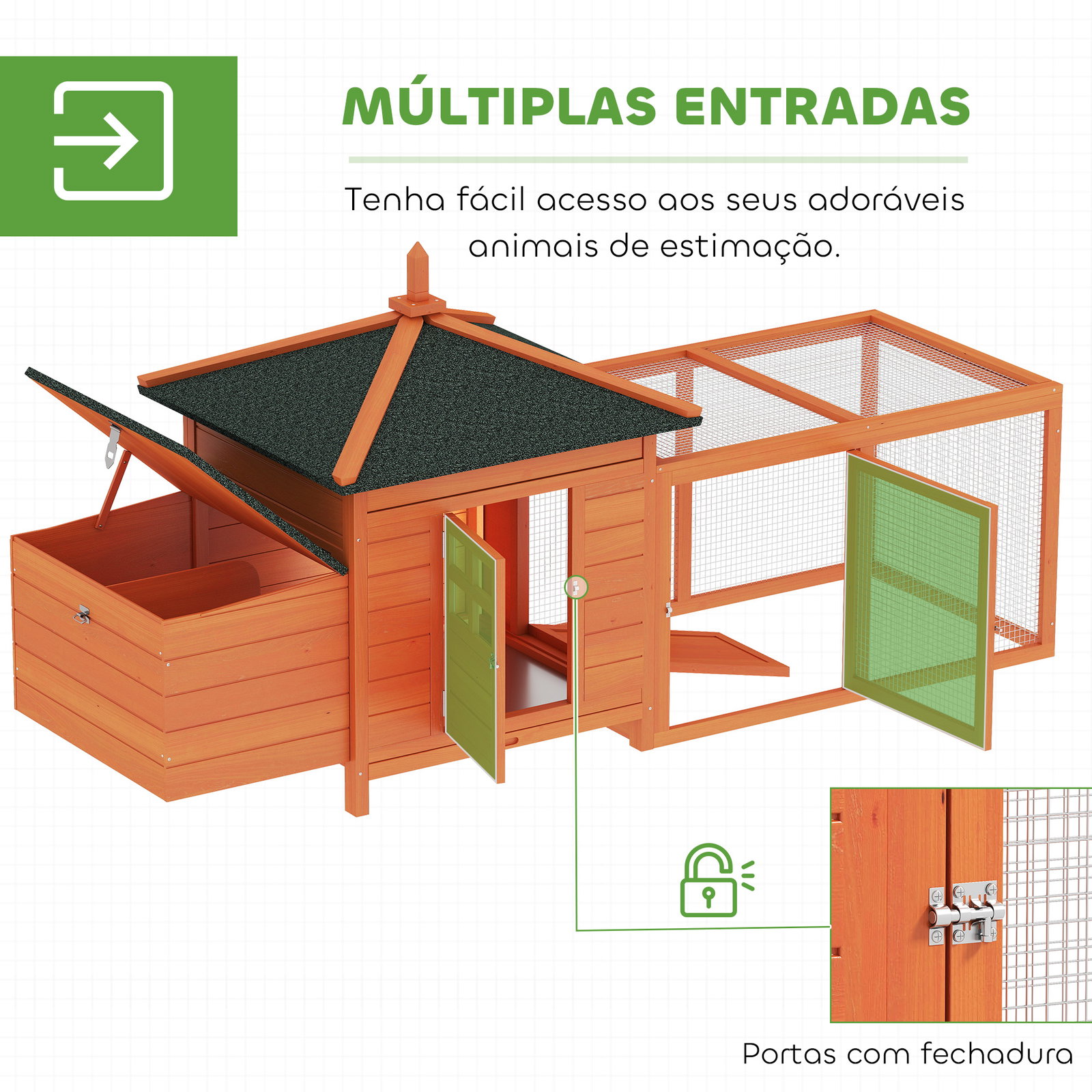 Galinheiro de madeira para exterior gaiola para galinhas com ninhos cercado bandeja removível teto abatível 196x76x97 cm madeira