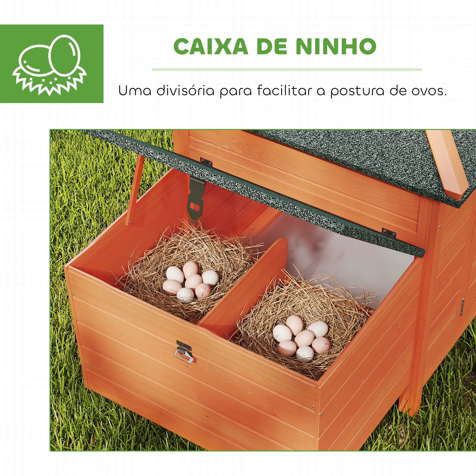 Galinheiro de madeira para exterior gaiola para galinhas com ninhos cercado bandeja removível teto abatível 196x76x97 cm madeira