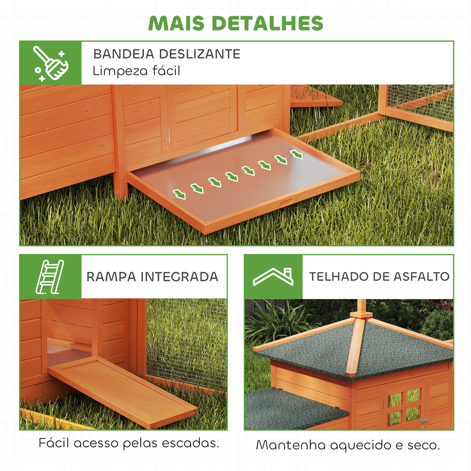 Galinheiro de madeira para exterior gaiola para galinhas com ninhos cercado bandeja removível teto abatível 196x76x97 cm madeira
