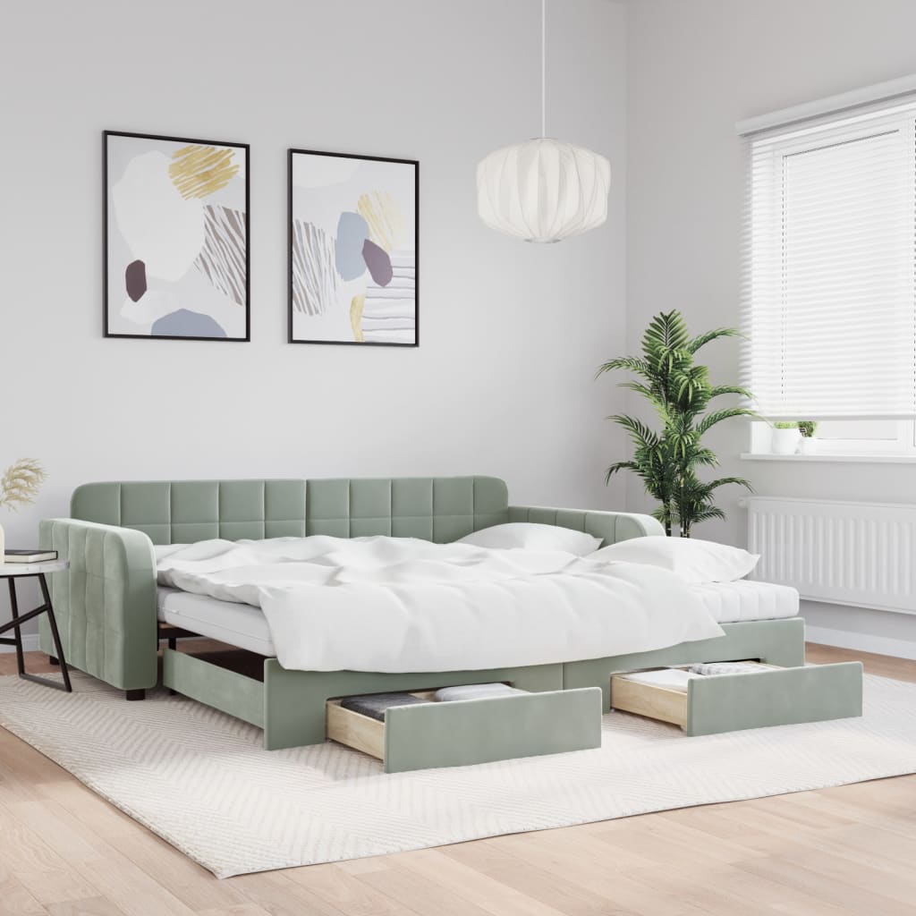 Sofá-cama c/ gavetão e gavetas 100x200 cm veludo cinzento-claro