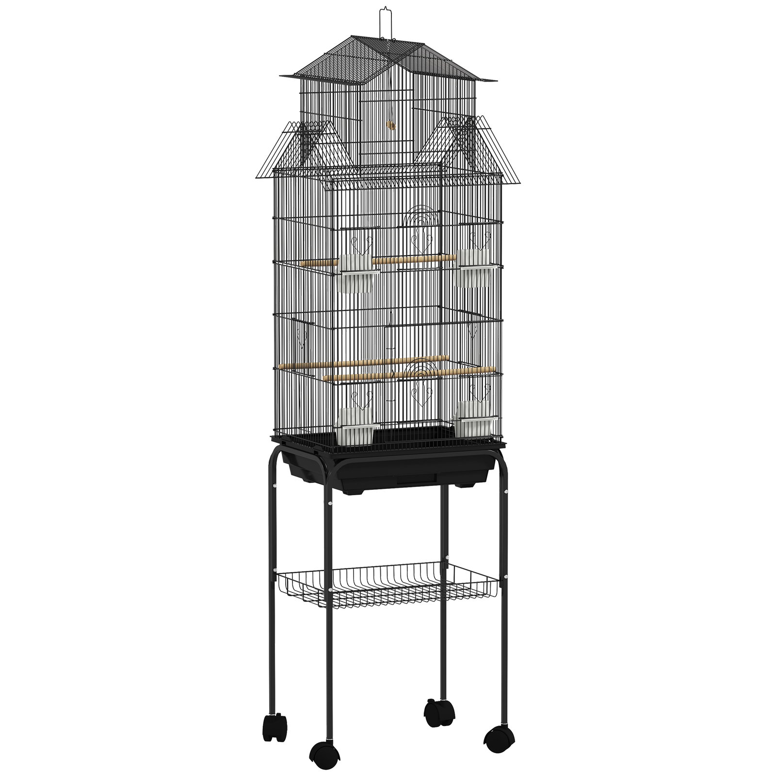Gaiola de metal para pássaros com bandeja amovível rodas 4 comedouros 3 poleiros e 1 baloiço 50,5x41x163 cm preto