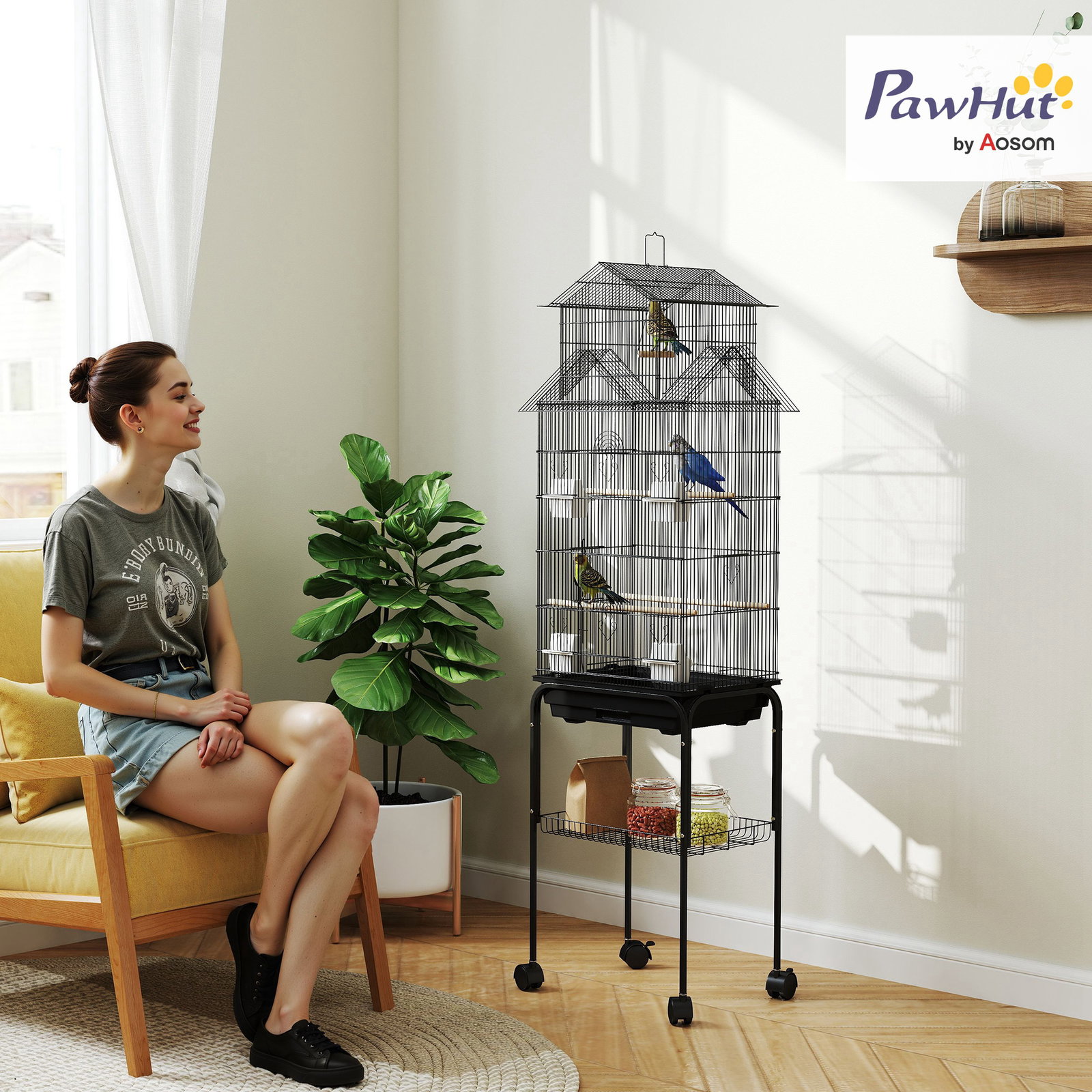 Gaiola de metal para pássaros com bandeja amovível rodas 4 comedouros 3 poleiros e 1 baloiço 50,5x41x163 cm preto