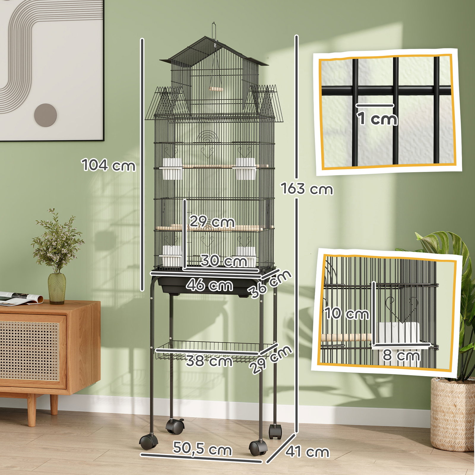 Gaiola de metal para pássaros com bandeja amovível rodas 4 comedouros 3 poleiros e 1 baloiço 50,5x41x163 cm preto