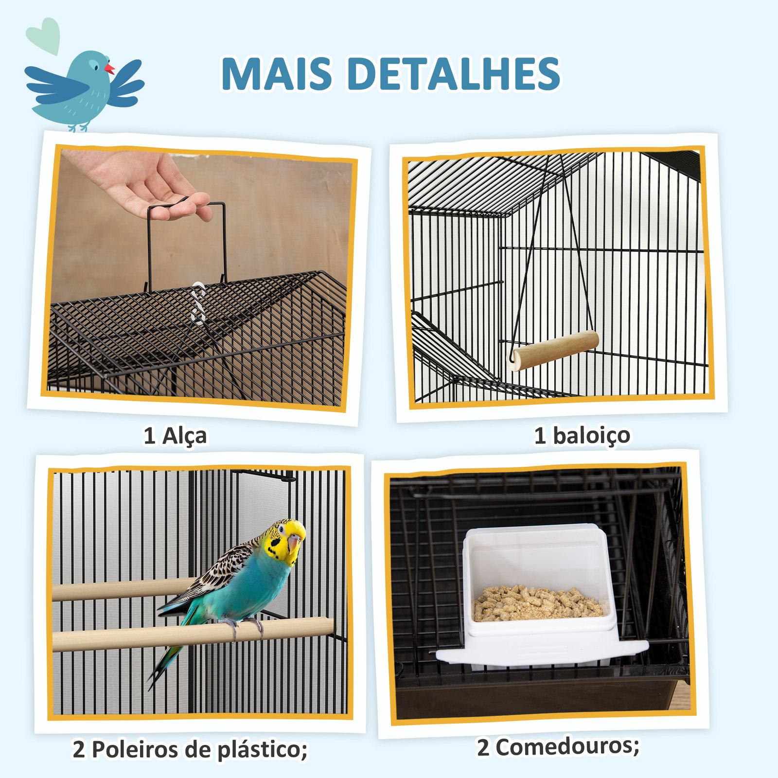 Gaiola de metal para pássaros com bandeja amovível rodas 4 comedouros 3 poleiros e 1 baloiço 50,5x41x163 cm preto