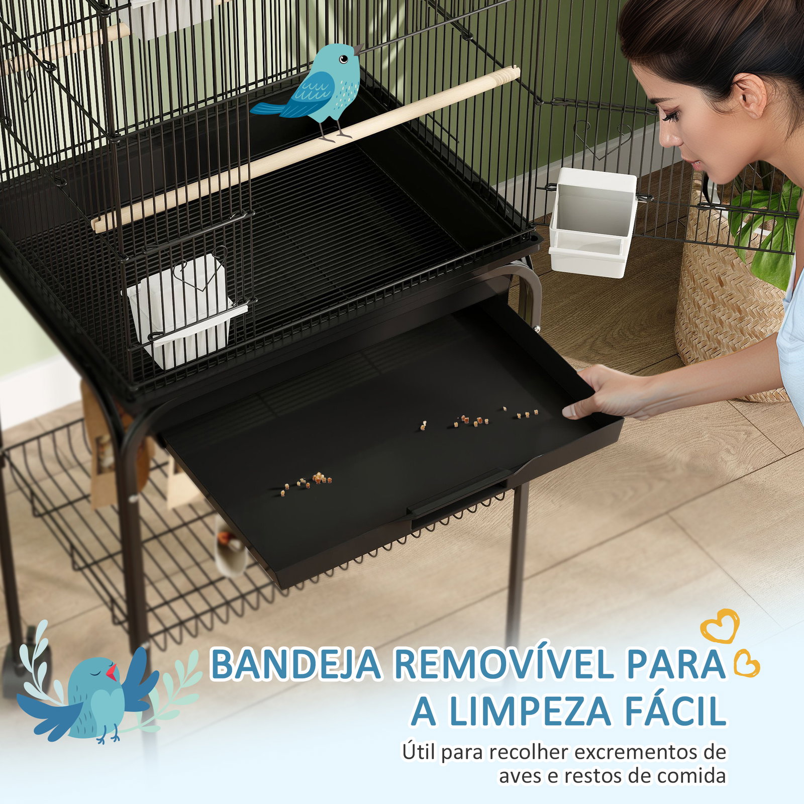 Gaiola de metal para pássaros com bandeja amovível rodas 4 comedouros 3 poleiros e 1 baloiço 50,5x41x163 cm preto
