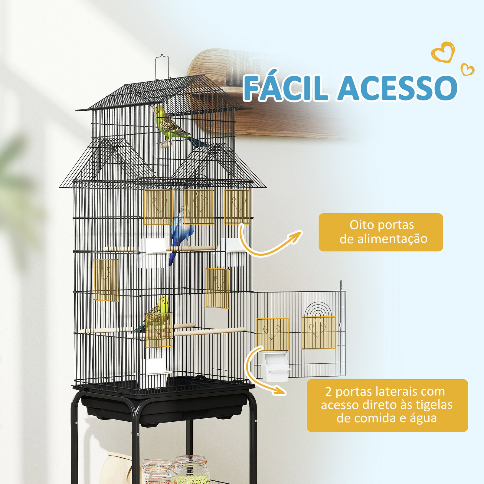 Gaiola de metal para pássaros com bandeja amovível rodas 4 comedouros 3 poleiros e 1 baloiço 50,5x41x163 cm preto