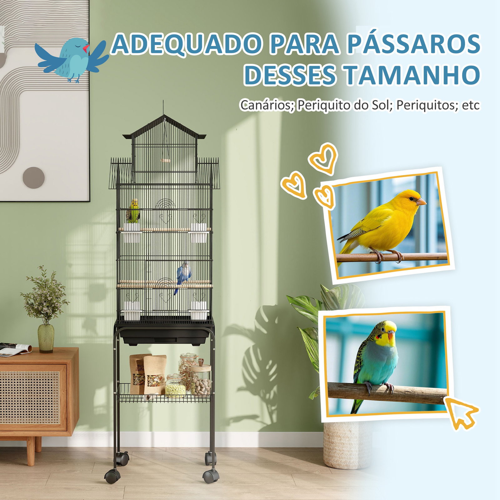 Gaiola de metal para pássaros com bandeja amovível rodas 4 comedouros 3 poleiros e 1 baloiço 50,5x41x163 cm preto