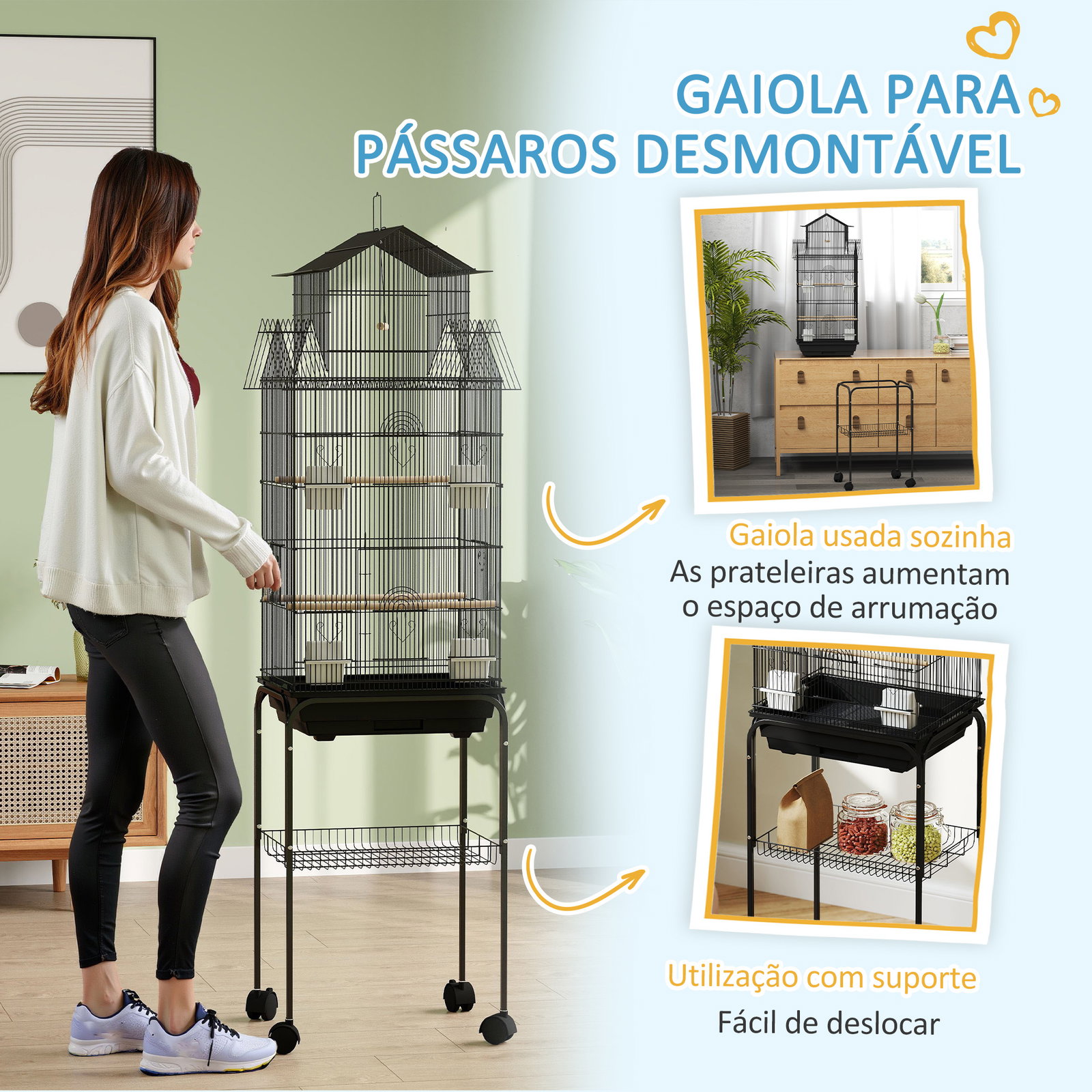 Gaiola de metal para pássaros com bandeja amovível rodas 4 comedouros 3 poleiros e 1 baloiço 50,5x41x163 cm preto