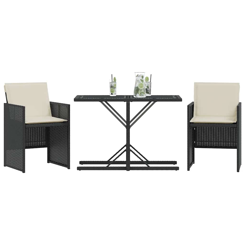 3 Pcs conjunto de bistrô com almofadões vime PE preto