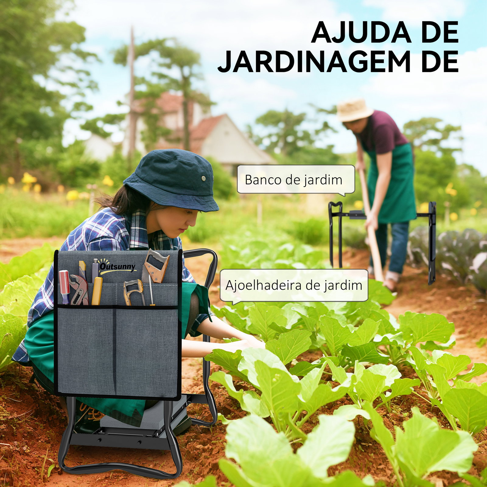 Banco de jardim dobrável com almofada de espuma eva saco para ferramentas 58x28x49 cm cinzento