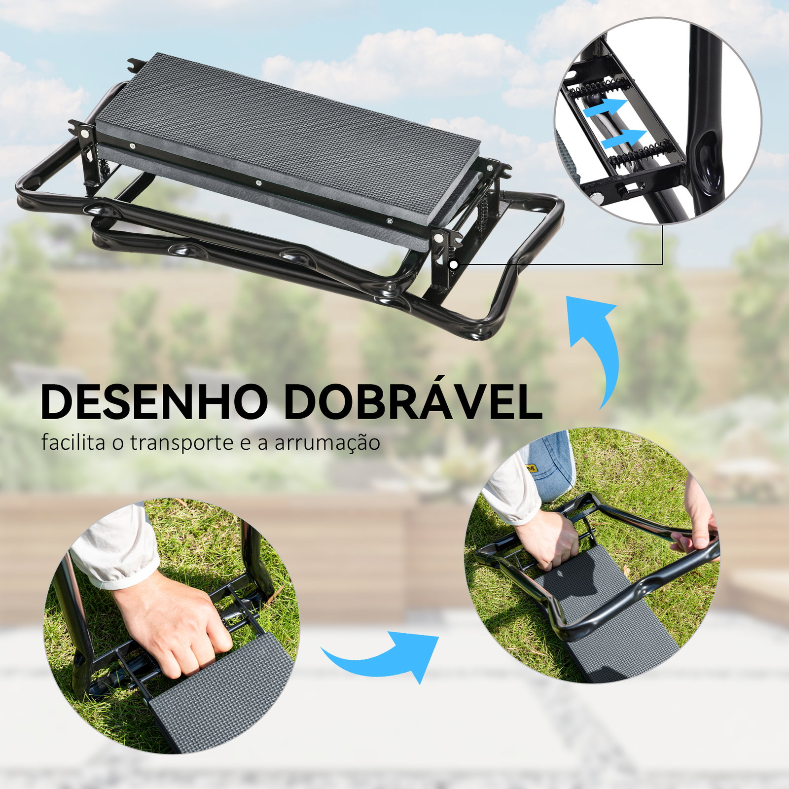 Banco de jardim dobrável com almofada de espuma eva saco para ferramentas 58x28x49 cm cinzento