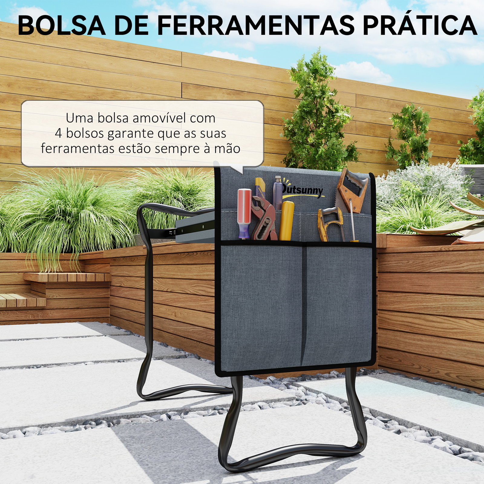 Banco de jardim dobrável com almofada de espuma eva saco para ferramentas 58x28x49 cm cinzento