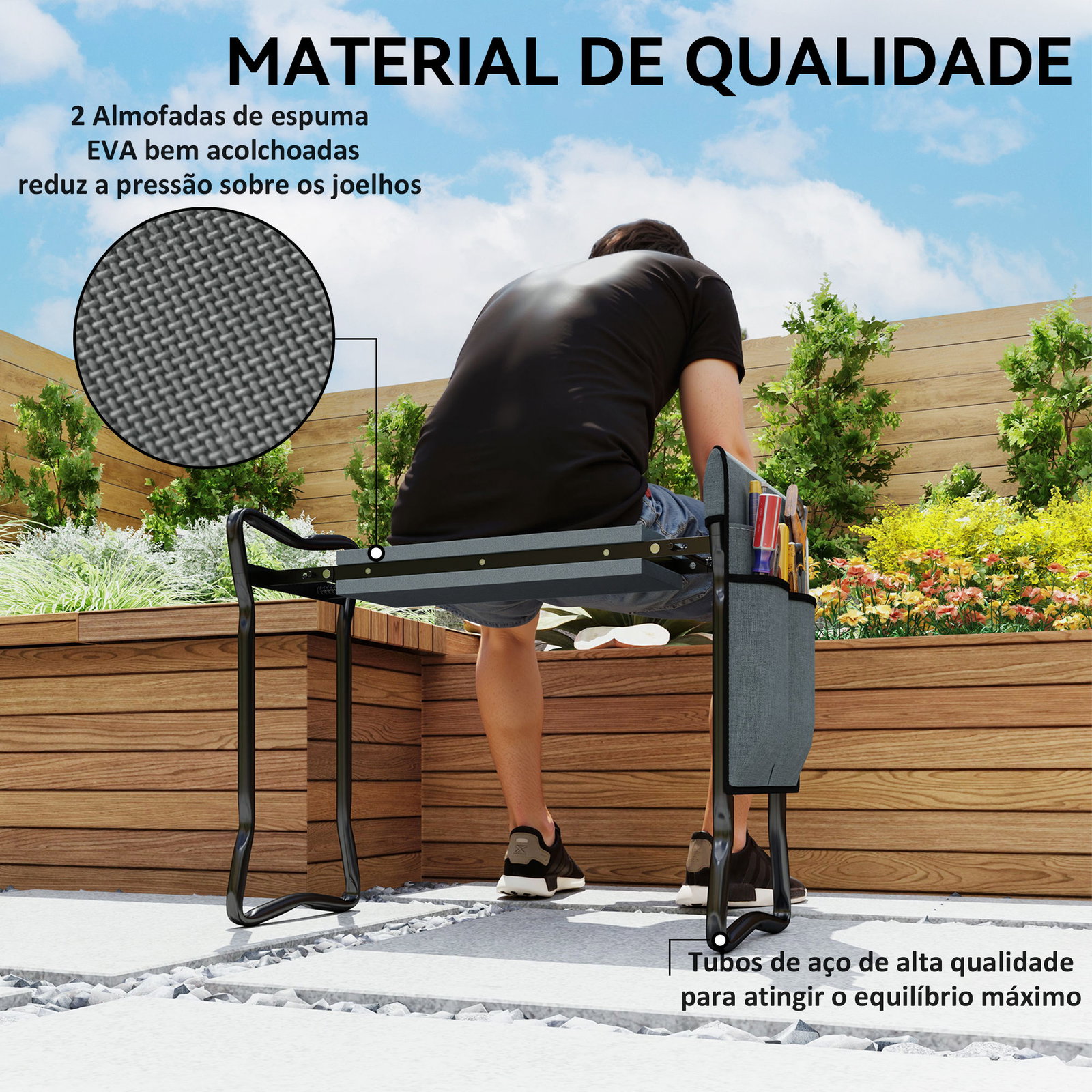 Banco de jardim dobrável com almofada de espuma eva saco para ferramentas 58x28x49 cm cinzento