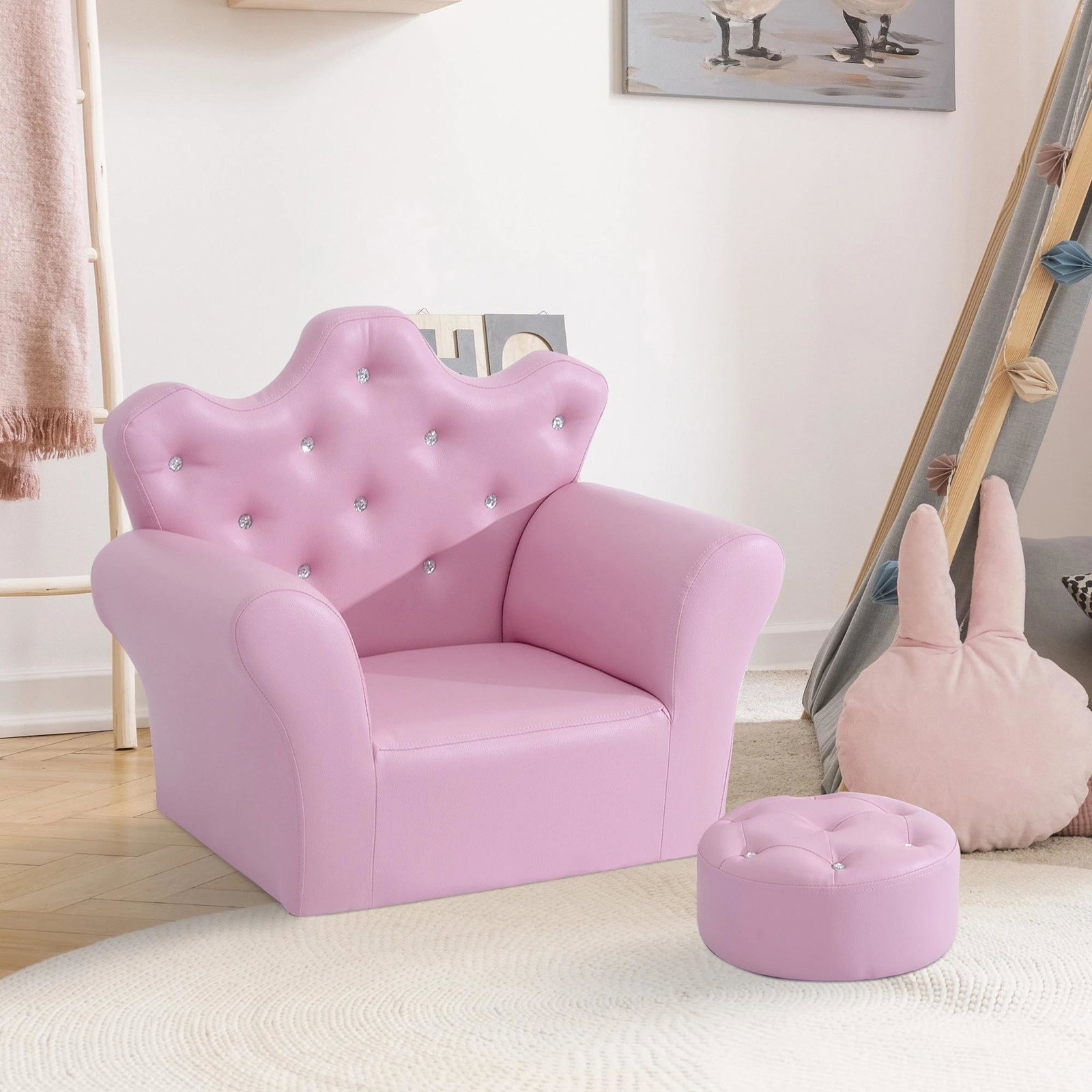 Sofá para crianças com banco encosto alto em forma de coroa e apoio para os braços acolchoado 58x40,5x49cm rosa