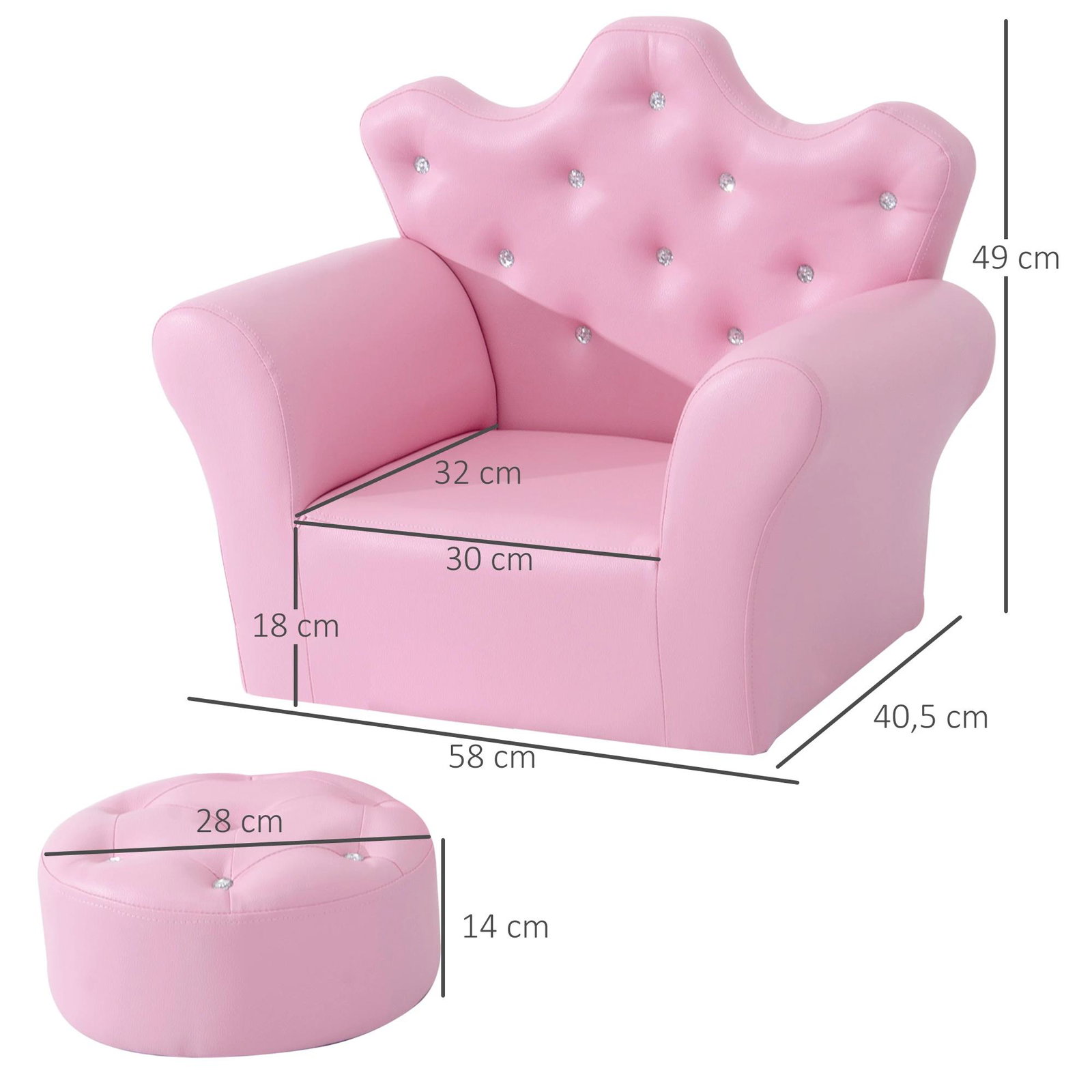 Sofá para crianças com banco encosto alto em forma de coroa e apoio para os braços acolchoado 58x40,5x49cm rosa