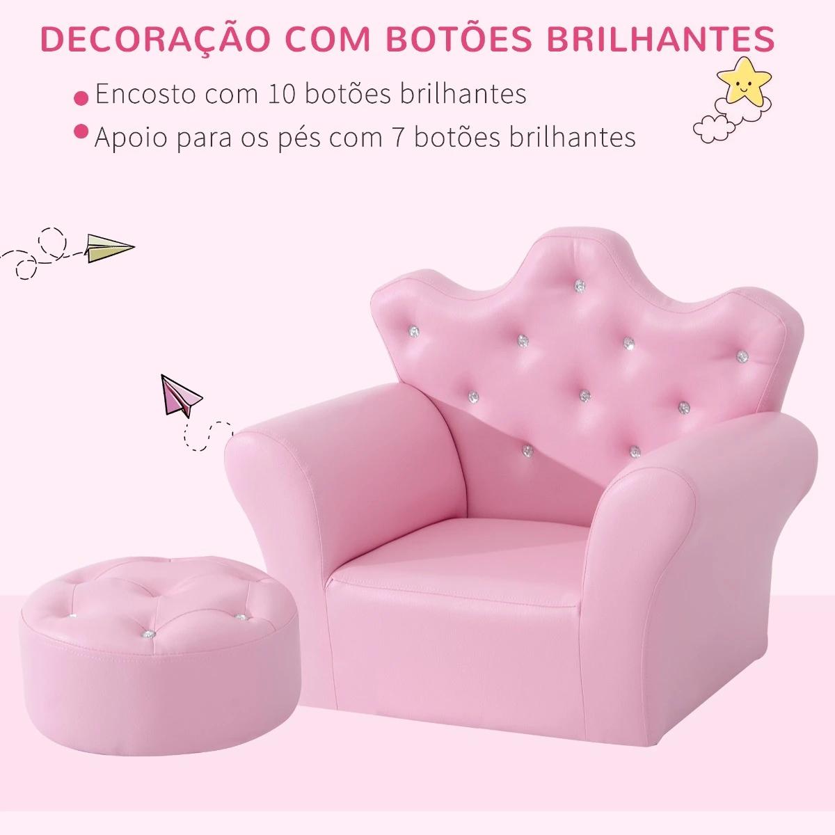Sofá para crianças com banco encosto alto em forma de coroa e apoio para os braços acolchoado 58x40,5x49cm rosa
