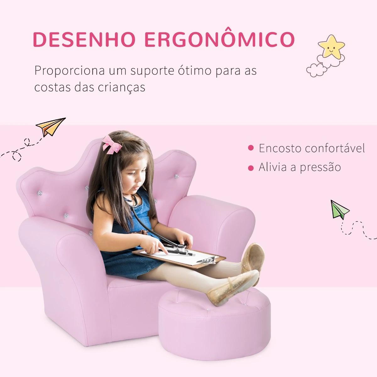 Sofá para crianças com banco encosto alto em forma de coroa e apoio para os braços acolchoado 58x40,5x49cm rosa