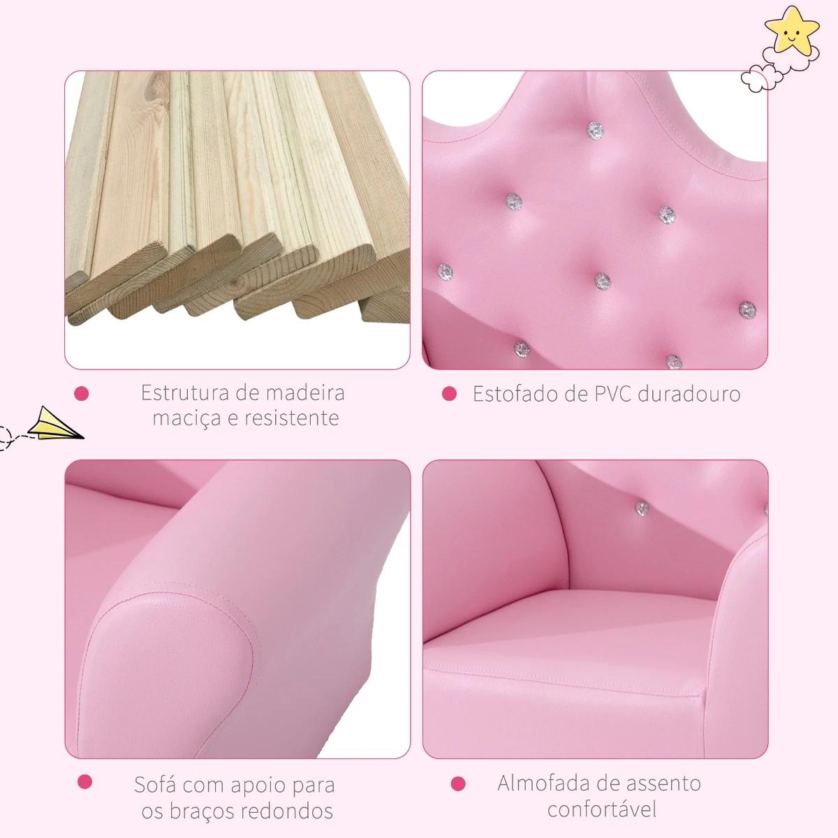 Sofá para crianças com banco encosto alto em forma de coroa e apoio para os braços acolchoado 58x40,5x49cm rosa