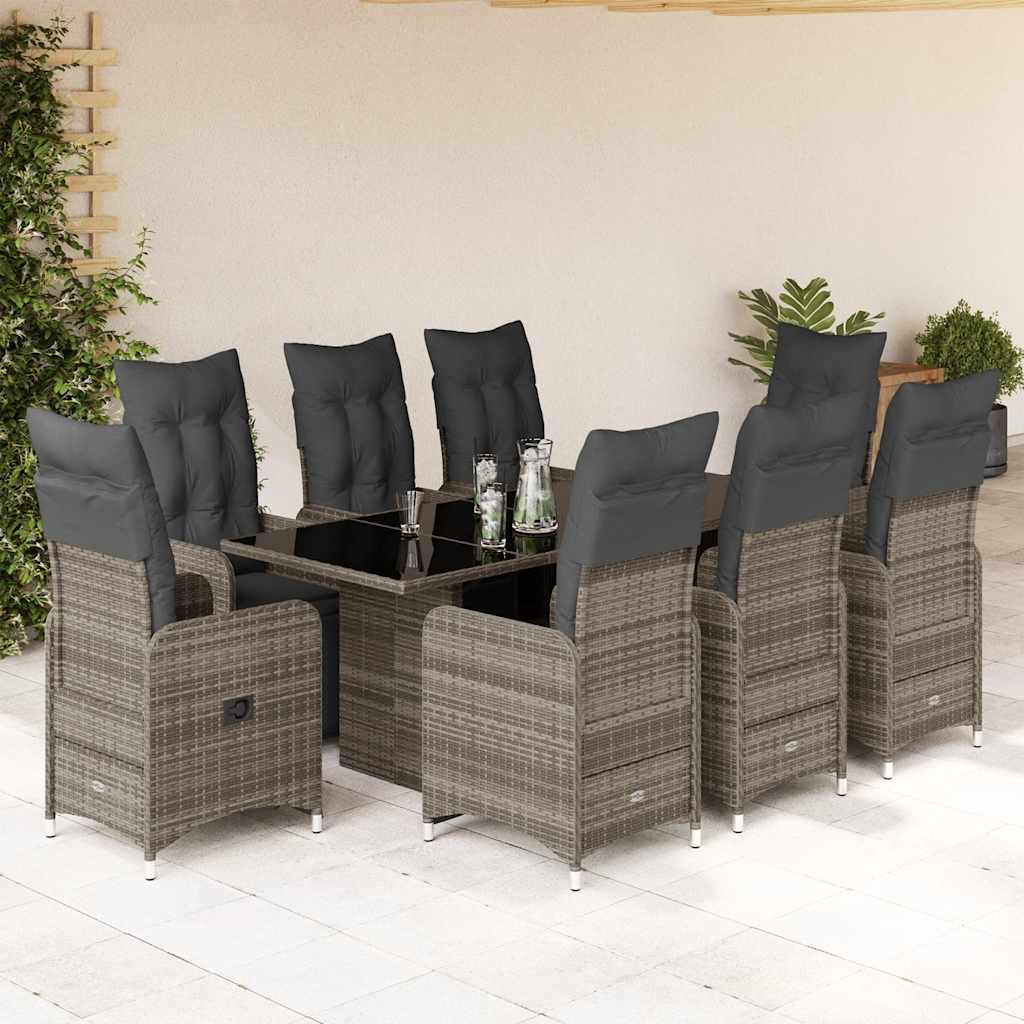 9 Pcs conjunto bistrô de jardim c/ almofadões vime PE cinzento