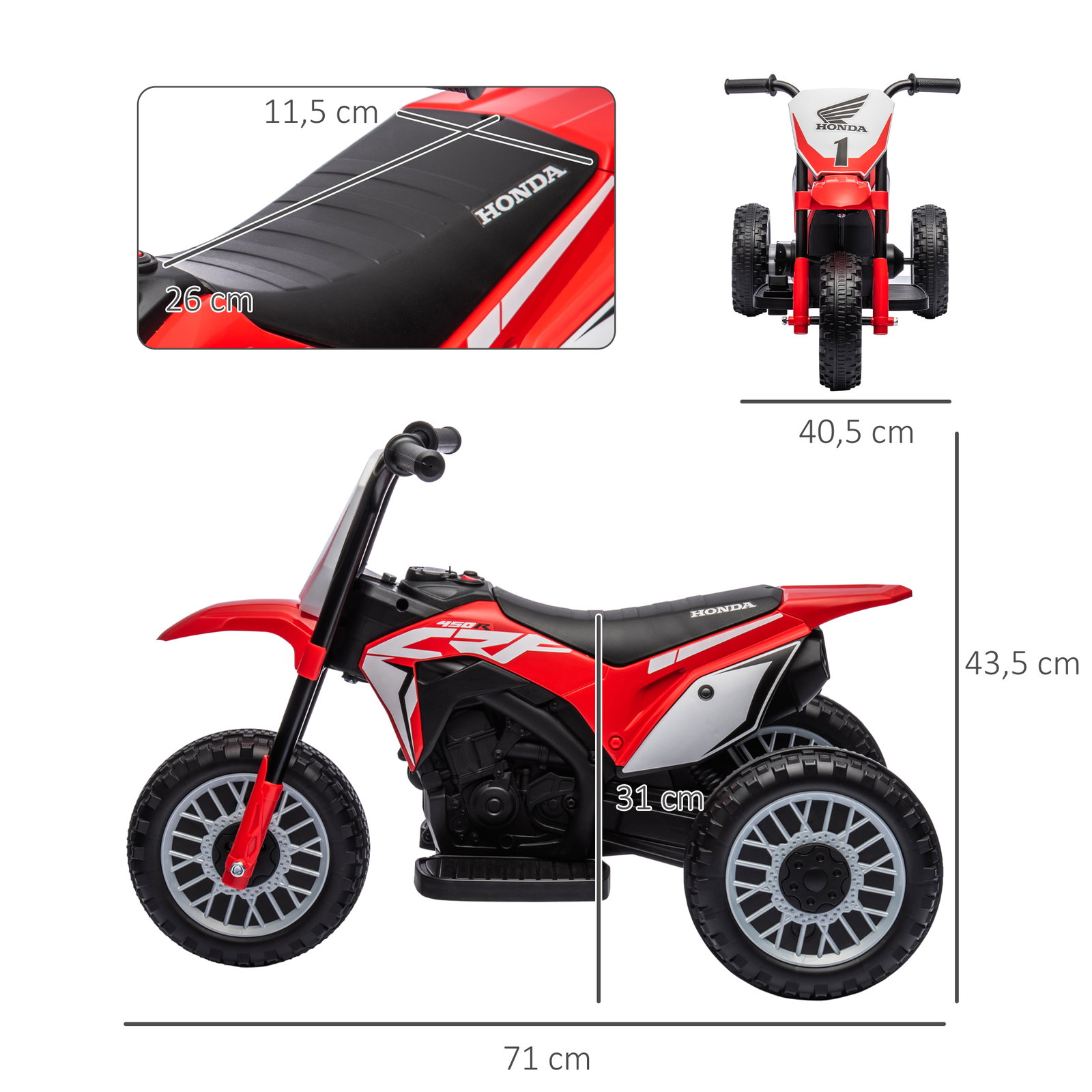 Mota elétrica com licença honda crf450rl bateria 6v com velocidade 3km/h buzina e som de arranque 71x40,5x43,5 cm vermelho