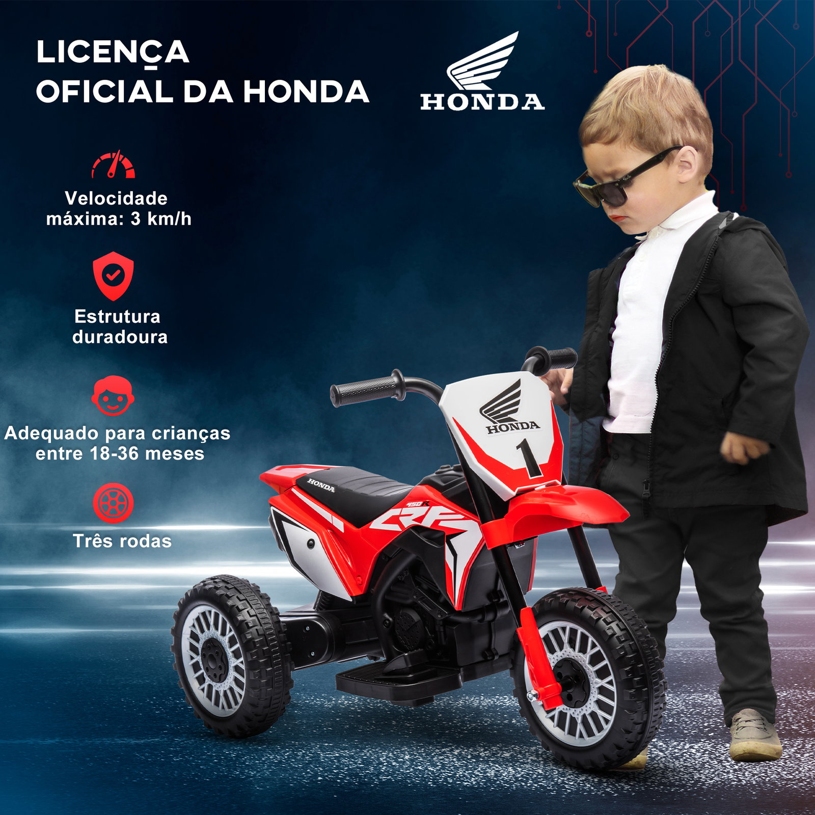 Mota elétrica com licença honda crf450rl bateria 6v com velocidade 3km/h buzina e som de arranque 71x40,5x43,5 cm vermelho