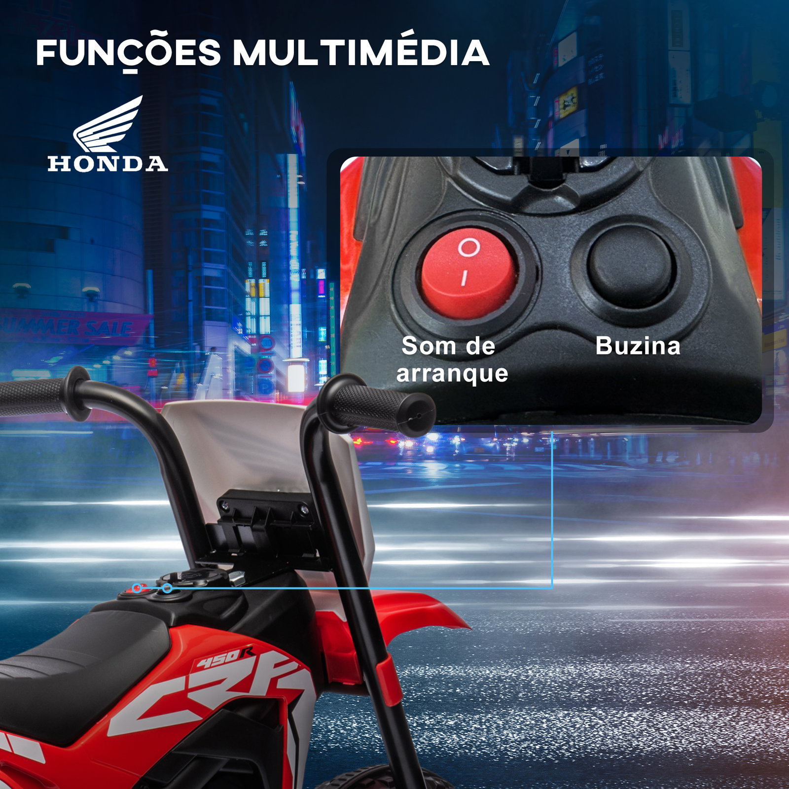 Mota elétrica com licença honda crf450rl bateria 6v com velocidade 3km/h buzina e som de arranque 71x40,5x43,5 cm vermelho