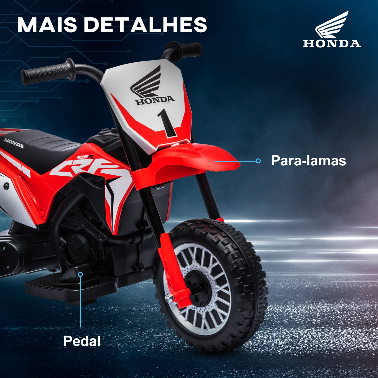 Mota elétrica com licença honda crf450rl bateria 6v com velocidade 3km/h buzina e som de arranque 71x40,5x43,5 cm vermelho