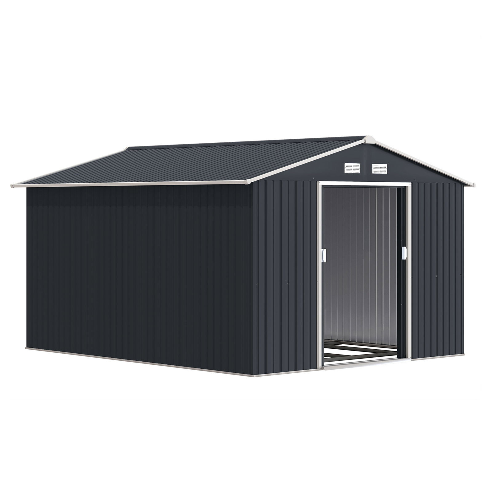 Abrigo de jardim metálico para armazenamento de ferramentas com base de reforço incluída e 4 janelas 277x322x192 cm cinza escuro