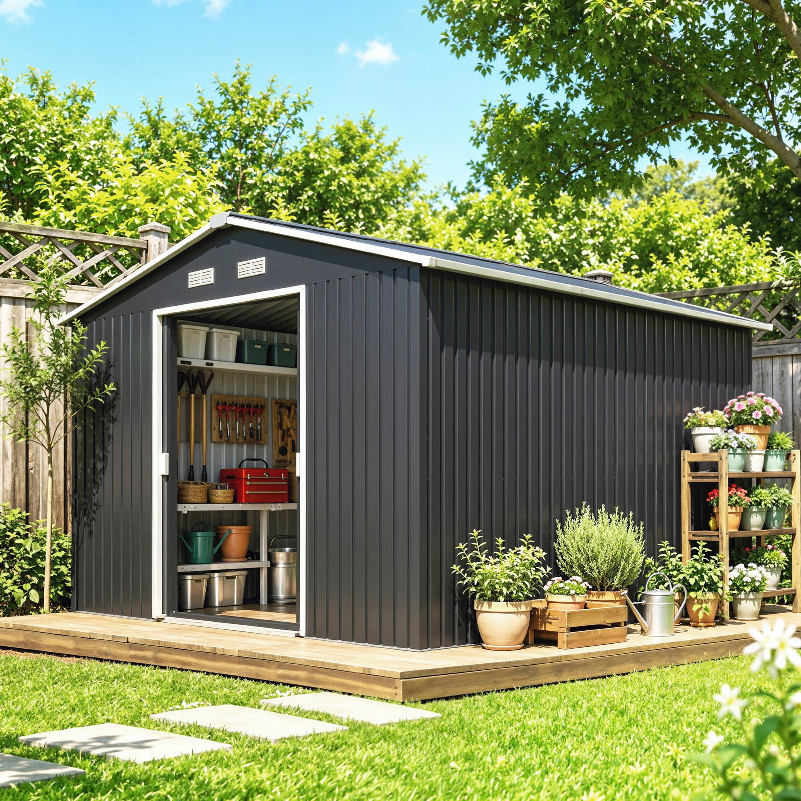 Abrigo de jardim metálico para armazenamento de ferramentas com base de reforço incluída e 4 janelas 277x322x192 cm cinza escuro