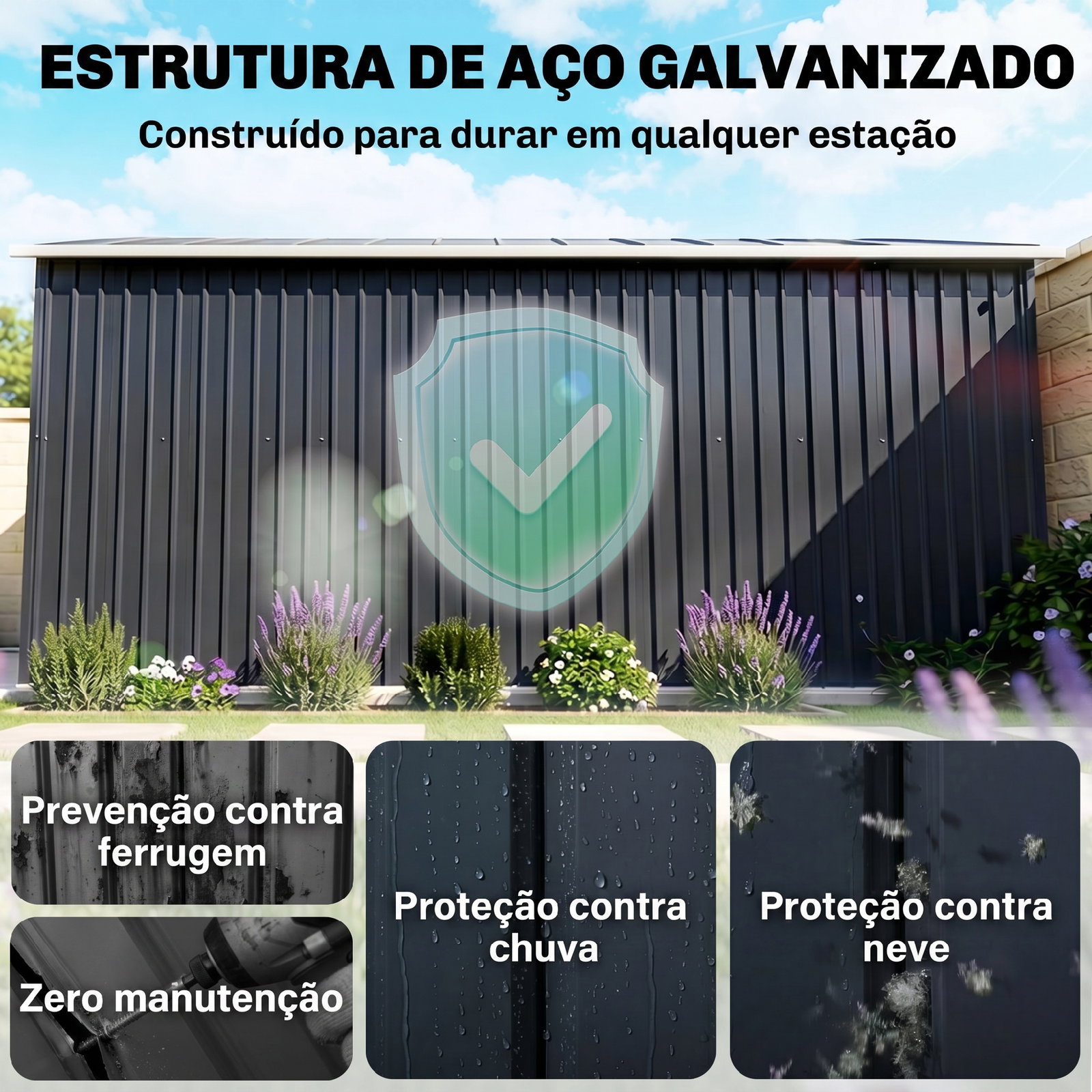 Abrigo de jardim metálico para armazenamento de ferramentas com base de reforço incluída e 4 janelas 277x322x192 cm cinza escuro